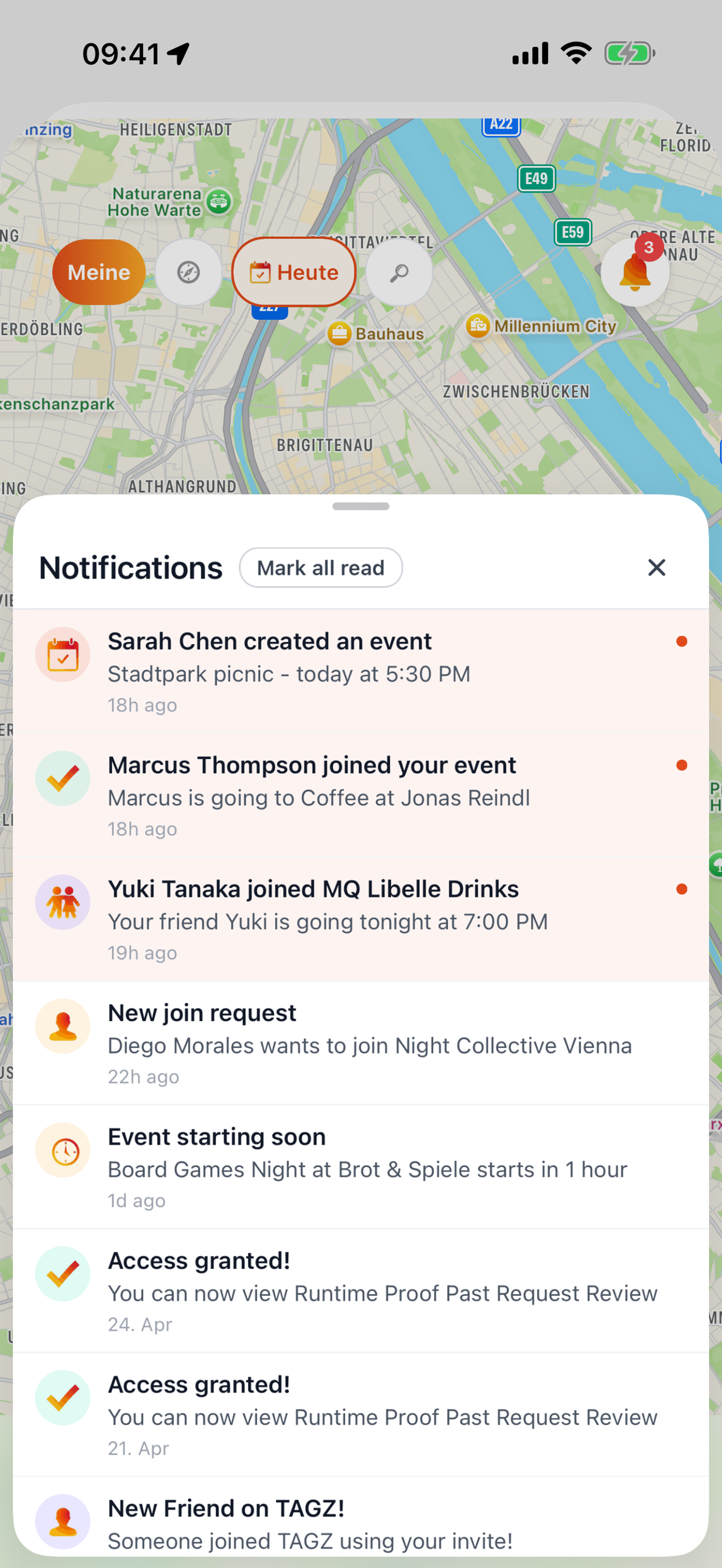 TAGZ notification feed with friend activity