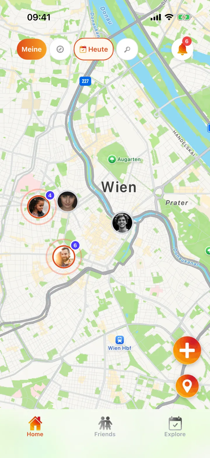 TAGZ map screen showing glowing event pins scattered across a light map of Vienna