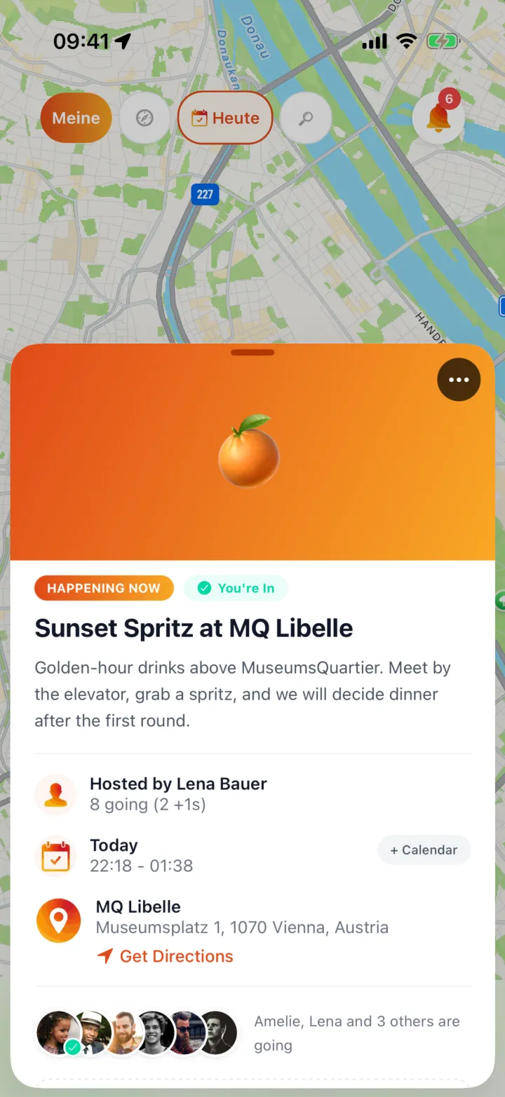 TAGZ event details screen with time, location and guest list on one screen