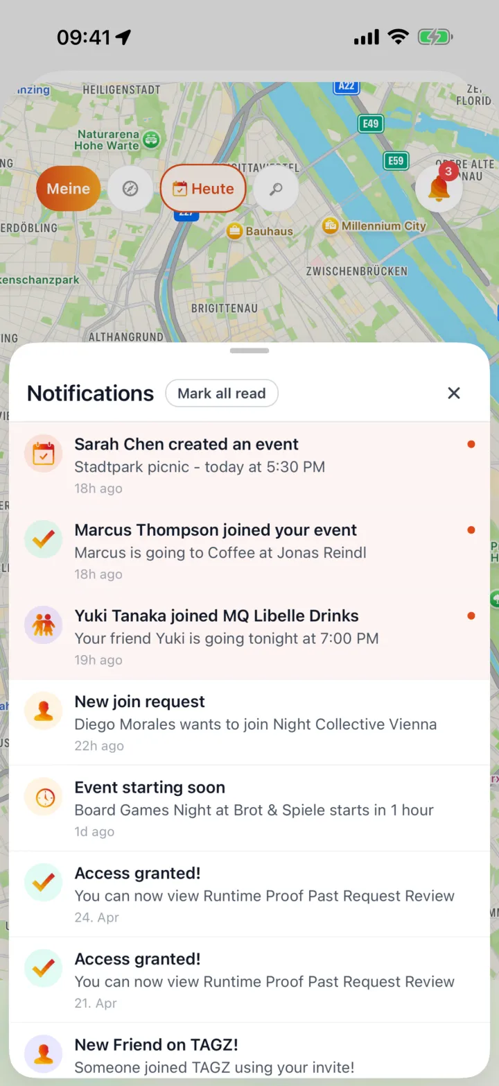 TAGZ notifications feed listing invites, updates and RSVPs